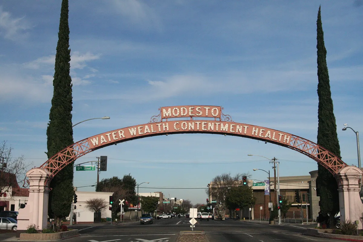 The Modesto Arch over I Street in downtown Modesto, California