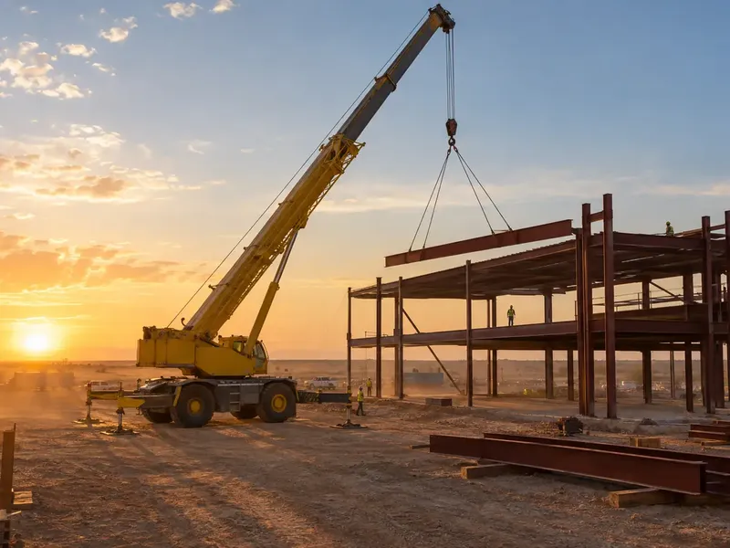Mobile crane lifting a steel beam onto a building frame at sunset